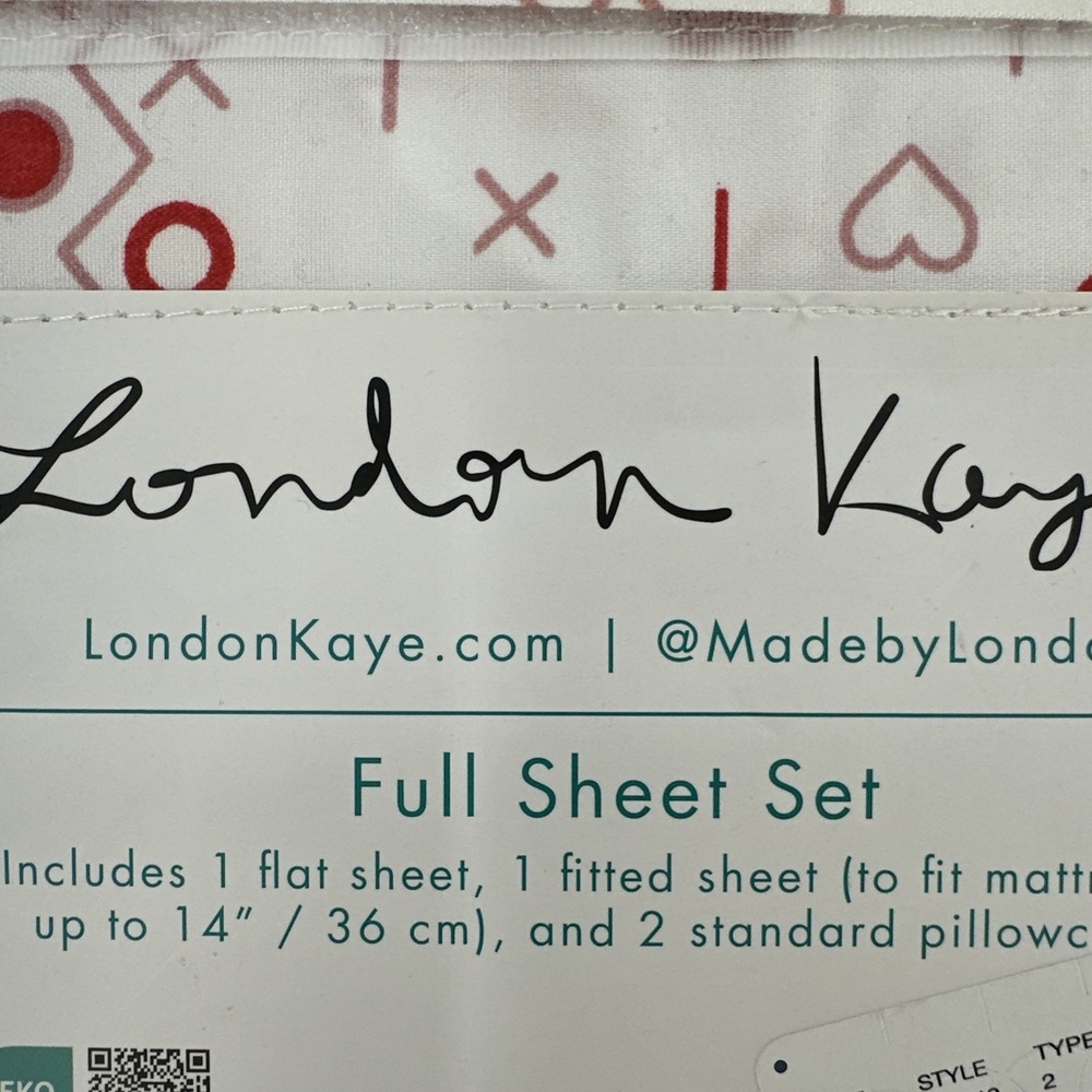 London Kaye Heart Sheet Set Full White Red Hearts Arrows X O Hugs Kisses - Picture 5 of 5